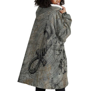 Aten Ancient Egyptian Wearable Blanket Hoodie with Gray Astronomical Chart, Radiant Sun Disc Emblem, and Ankh - African Pride