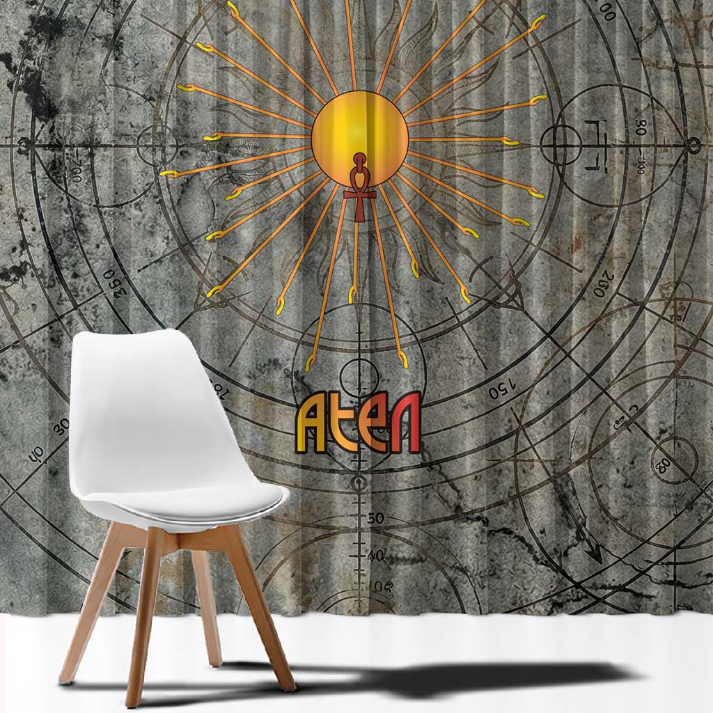 Aten Ancient Egyptian Window Curtain with Gray Astronomical Chart, Radiant Sun Disc Emblem, and Ankh - African Pride