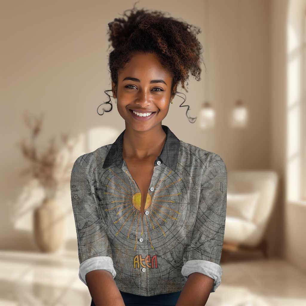Aten Ancient Egyptian Women Casual Shirt with Gray Astronomical Chart, Radiant Sun Disc Emblem, and Ankh - African Pride