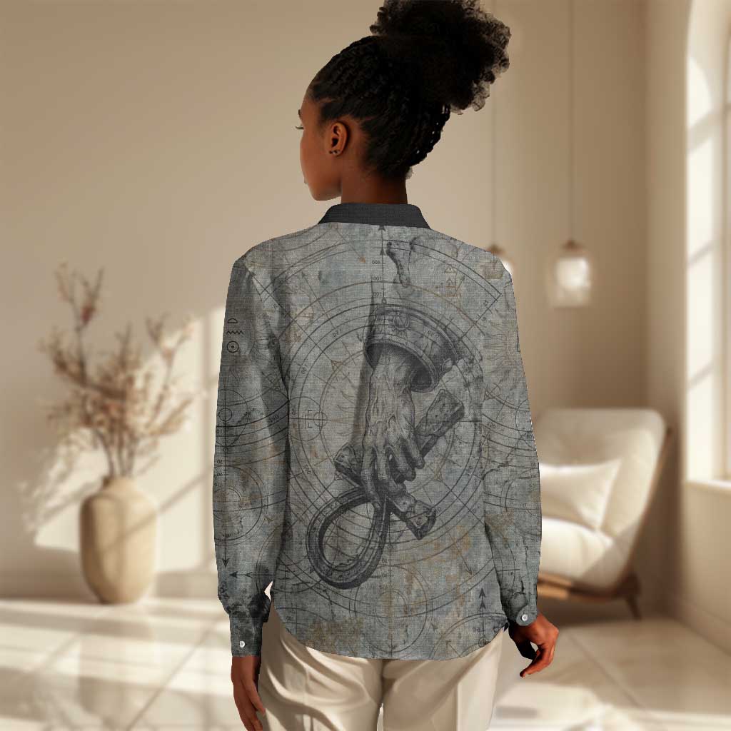 Aten Ancient Egyptian Women Casual Shirt with Gray Astronomical Chart, Radiant Sun Disc Emblem, and Ankh - African Pride