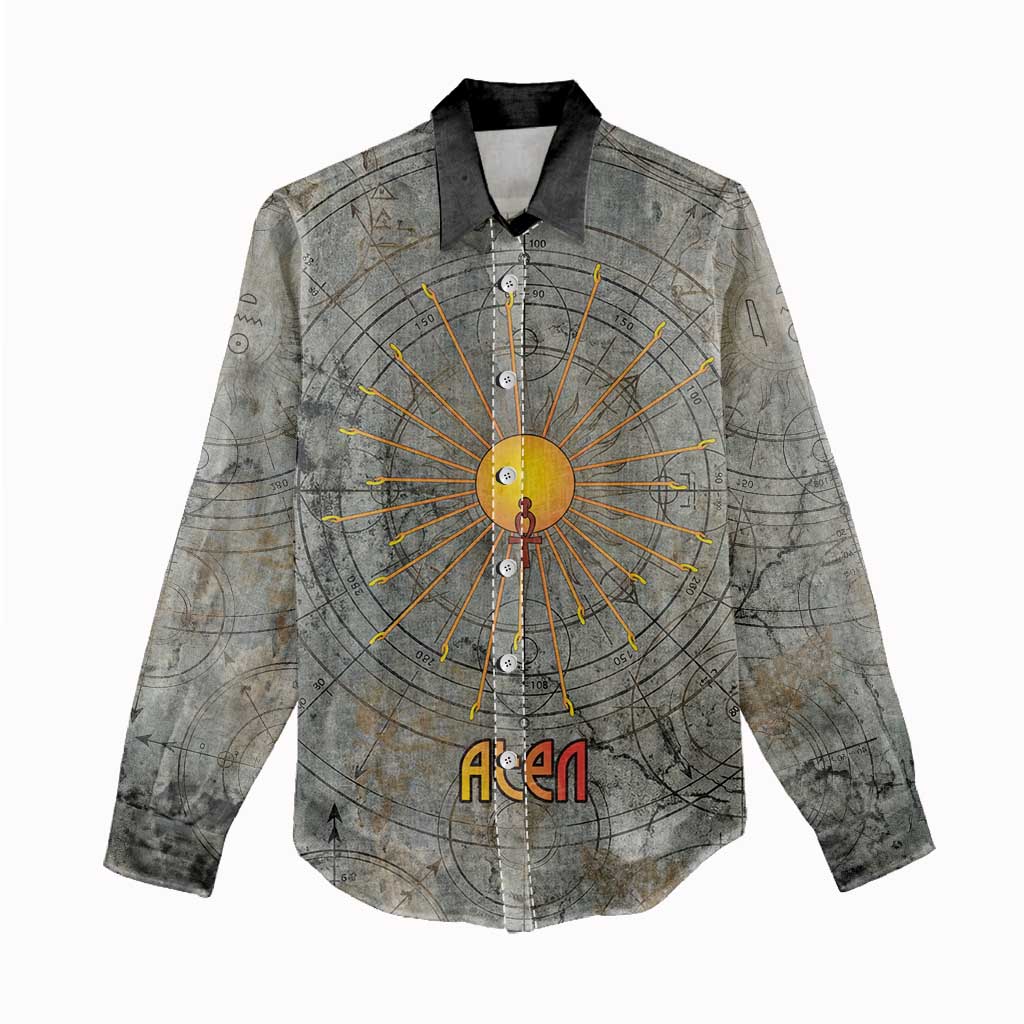 Aten Ancient Egyptian Women Casual Shirt with Gray Astronomical Chart, Radiant Sun Disc Emblem, and Ankh - African Pride