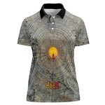 Aten Ancient Egyptian Women Polo Shirt with Gray Astronomical Chart, Radiant Sun Disc Emblem, and Ankh - African Pride