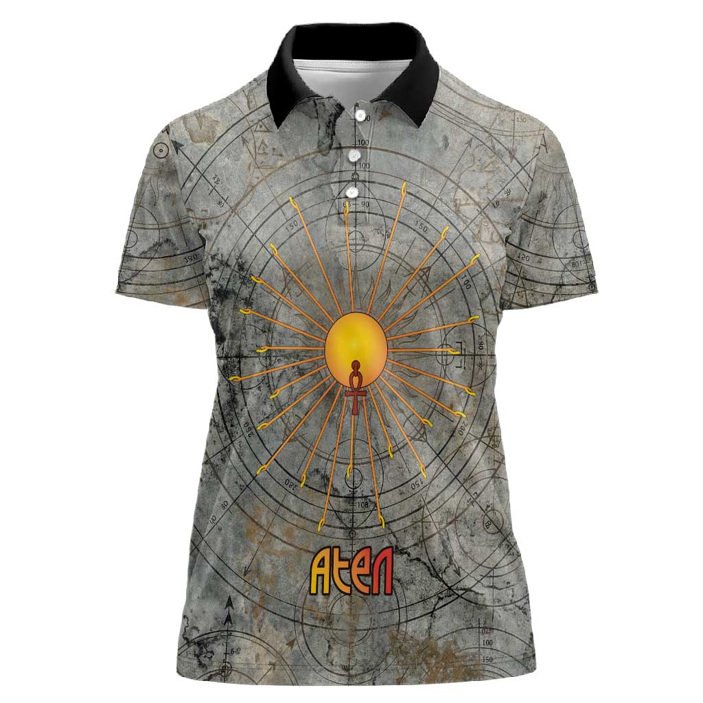 Aten Ancient Egyptian Women Polo Shirt with Gray Astronomical Chart, Radiant Sun Disc Emblem, and Ankh - African Pride