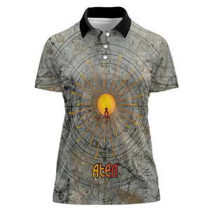 Aten Ancient Egyptian Women Polo Shirt with Gray Astronomical Chart, Radiant Sun Disc Emblem, and Ankh - African Pride