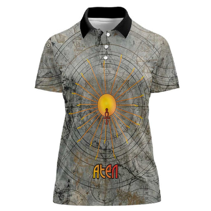 Aten Ancient Egyptian Women Polo Shirt with Gray Astronomical Chart, Radiant Sun Disc Emblem, and Ankh - African Pride