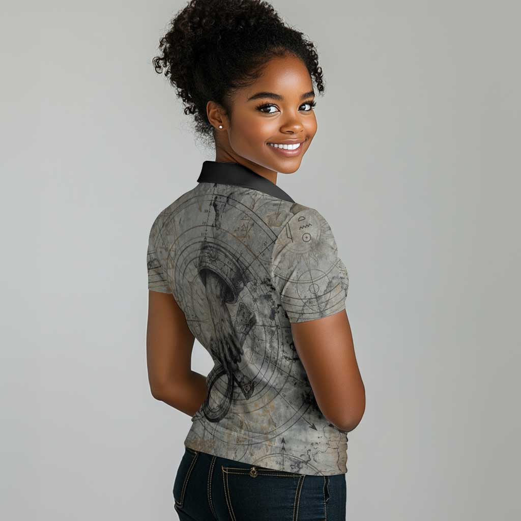 Aten Ancient Egyptian Women Polo Shirt with Gray Astronomical Chart, Radiant Sun Disc Emblem, and Ankh - African Pride