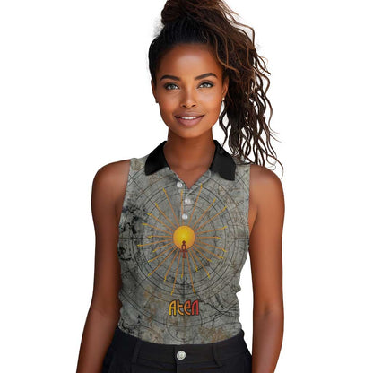 Aten Ancient Egyptian Women Sleeveless Polo Shirt with Gray Astronomical Chart, Radiant Sun Disc Emblem, and Ankh - African Pride