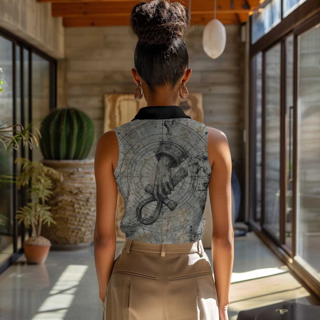 Aten Ancient Egyptian Women Sleeveless Polo Shirt with Gray Astronomical Chart, Radiant Sun Disc Emblem, and Ankh - African Pride