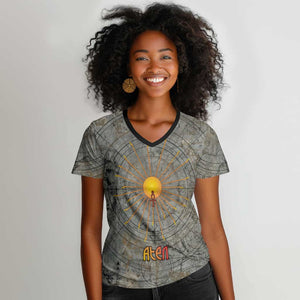 Aten Ancient Egyptian Women V-Neck T-Shirt with Gray Astronomical Chart, Radiant Sun Disc Emblem, and Ankh - African Pride