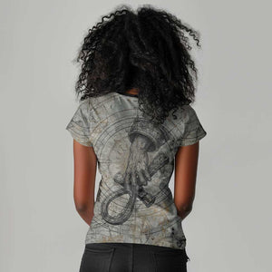 Aten Ancient Egyptian Women V-Neck T-Shirt with Gray Astronomical Chart, Radiant Sun Disc Emblem, and Ankh - African Pride