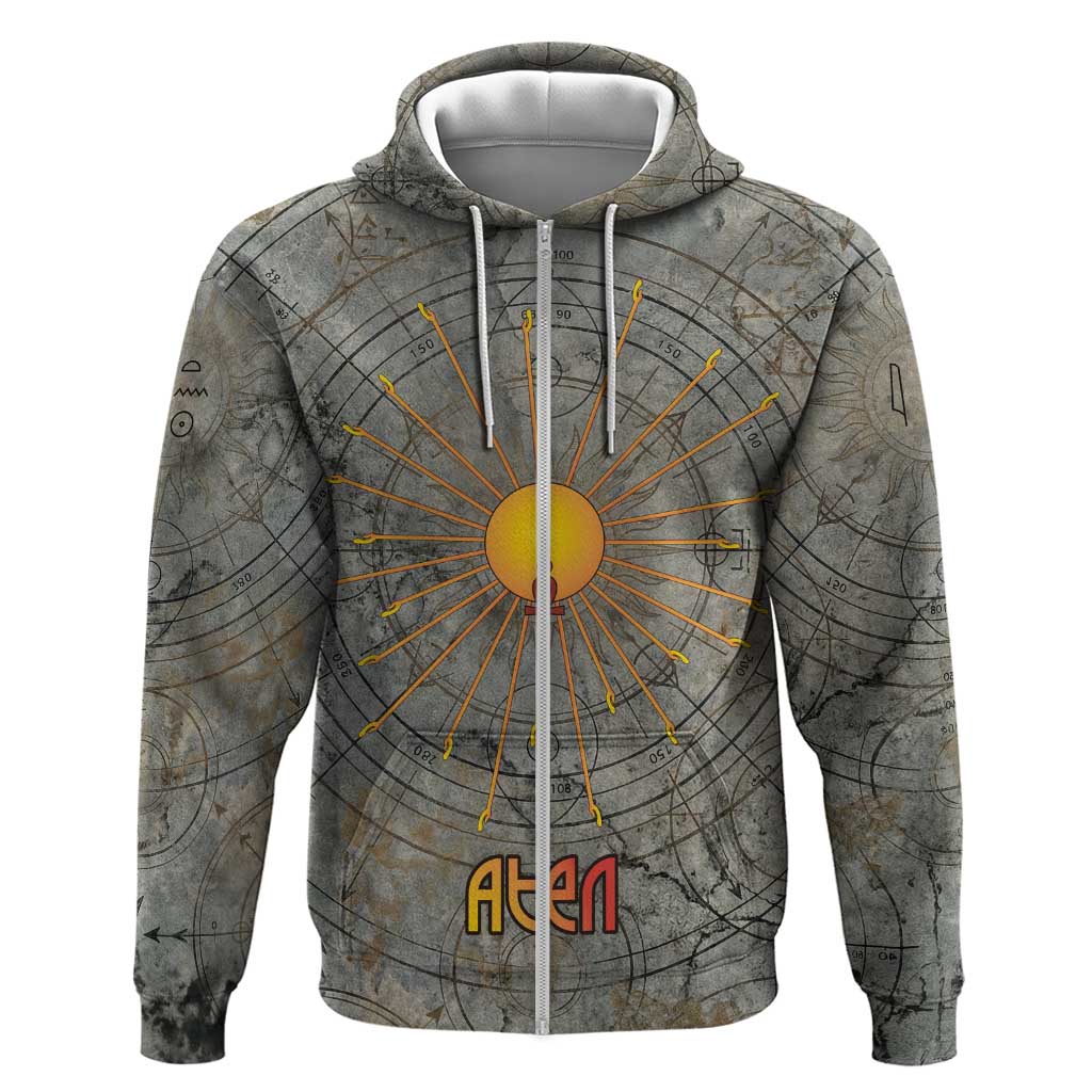 Aten Ancient Egyptian Zip Hoodie with Gray Astronomical Chart, Radiant Sun Disc Emblem, and Ankh - African Pride