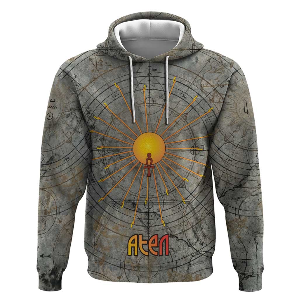 Aten Ancient Egyptian Zip Hoodie with Gray Astronomical Chart, Radiant Sun Disc Emblem, and Ankh - African Pride