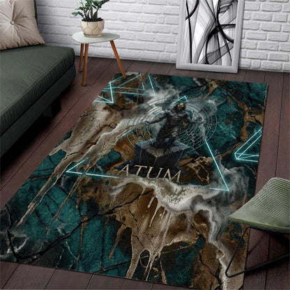 Atum Area Rug Ancient Egyptian Teal Marble Smoke, Solar Barque Crown, Creator Deity Statue - African Pride