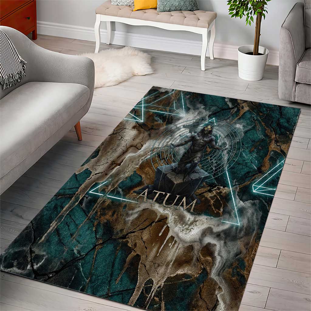 Atum Area Rug Ancient Egyptian Teal Marble Smoke, Solar Barque Crown, Creator Deity Statue - African Pride