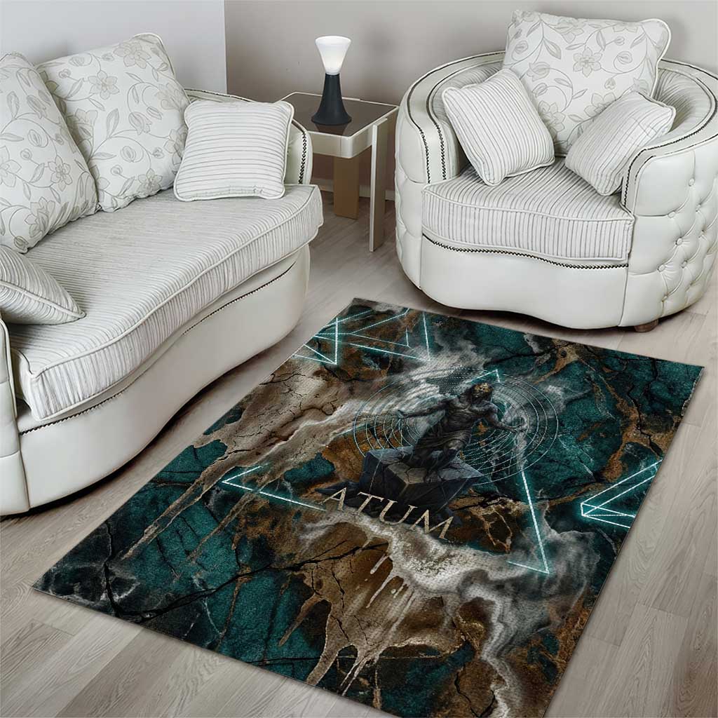 Atum Area Rug Ancient Egyptian Teal Marble Smoke, Solar Barque Crown, Creator Deity Statue - African Pride