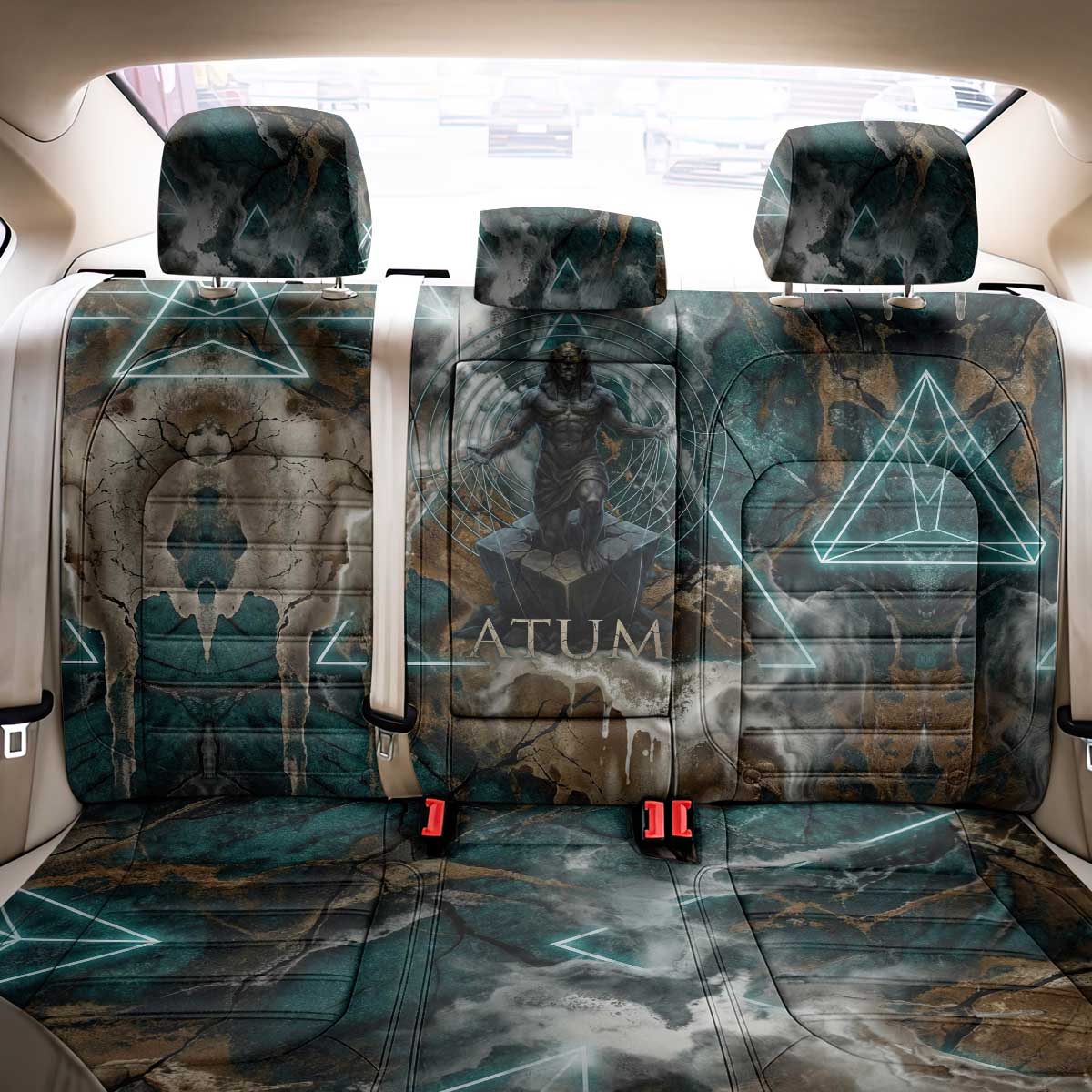 Atum Back Car Seat Cover Ancient Egyptian Teal Marble Smoke, Solar Barque Crown, Creator Deity Statue - African Pride