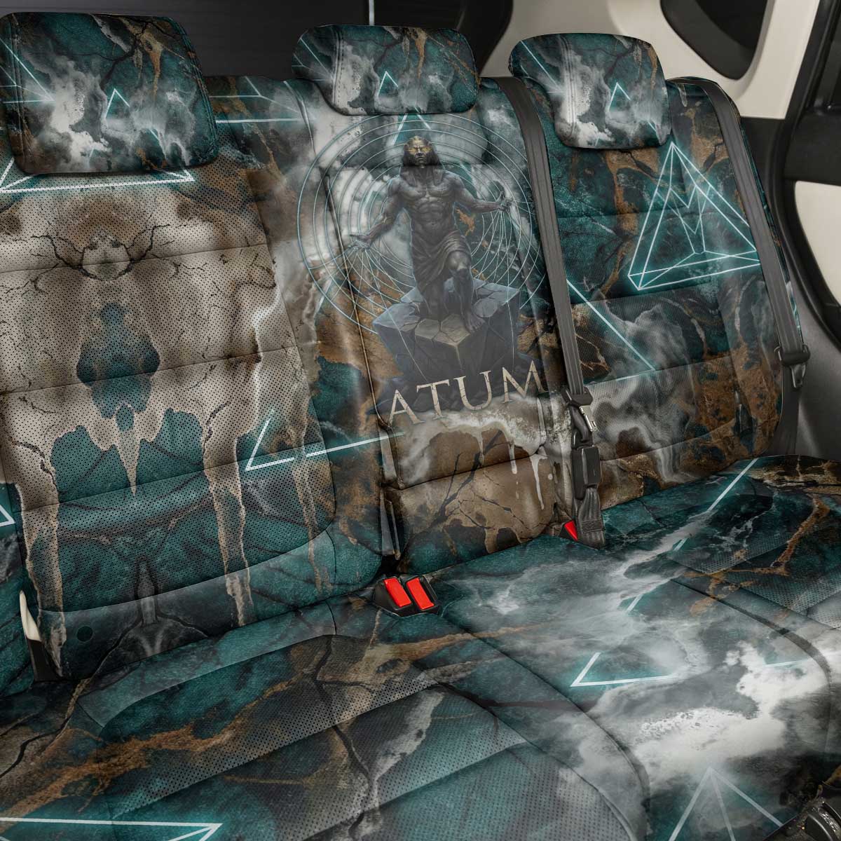Atum Back Car Seat Cover Ancient Egyptian Teal Marble Smoke, Solar Barque Crown, Creator Deity Statue - African Pride