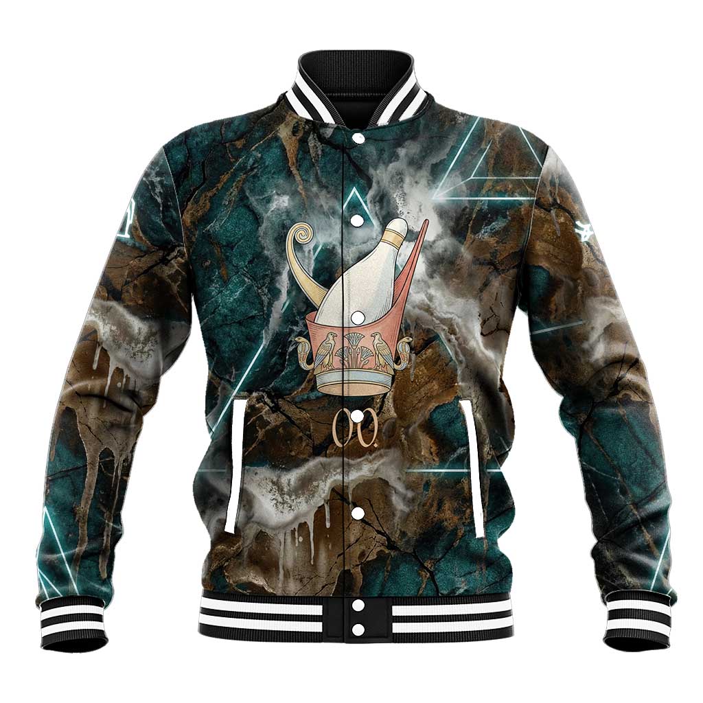 Atum Baseball Jacket Ancient Egyptian Teal Marble Smoke, Solar Barque Crown, Creator Deity Statue - African Pride