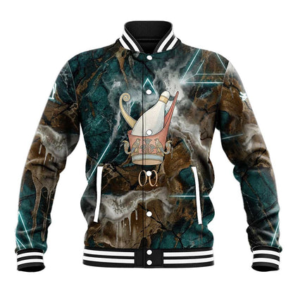 Atum Baseball Jacket Ancient Egyptian Teal Marble Smoke, Solar Barque Crown, Creator Deity Statue - African Pride