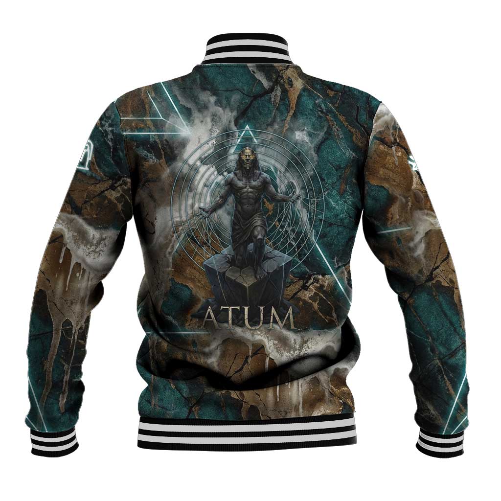 Atum Baseball Jacket Ancient Egyptian Teal Marble Smoke, Solar Barque Crown, Creator Deity Statue - African Pride