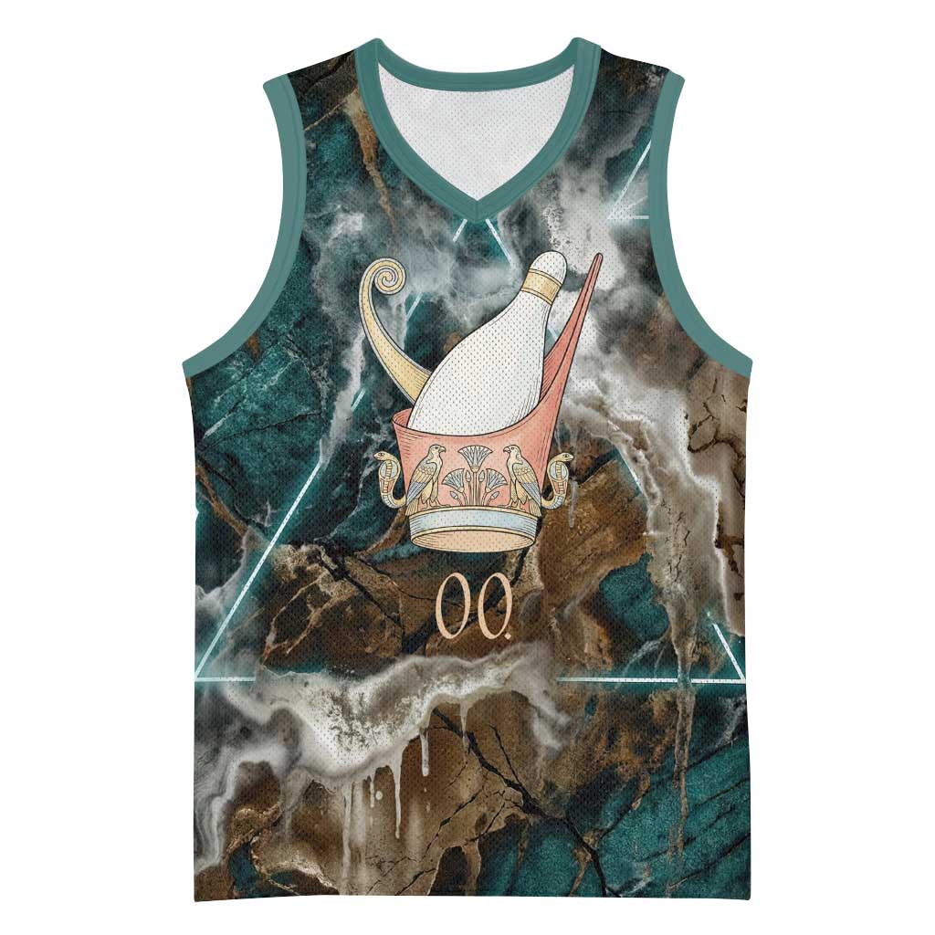 Atum Basketball Jersey Ancient Egyptian Teal Marble Smoke, Solar Barque Crown, Creator Deity Statue - African Pride