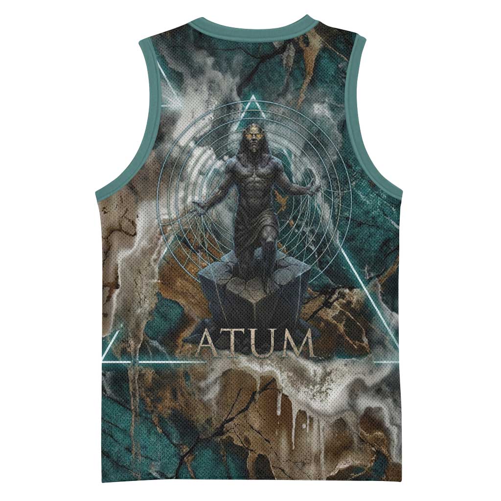Atum Basketball Jersey Ancient Egyptian Teal Marble Smoke, Solar Barque Crown, Creator Deity Statue - African Pride
