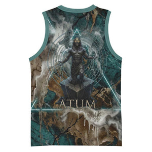 Atum Basketball Jersey Ancient Egyptian Teal Marble Smoke, Solar Barque Crown, Creator Deity Statue - African Pride