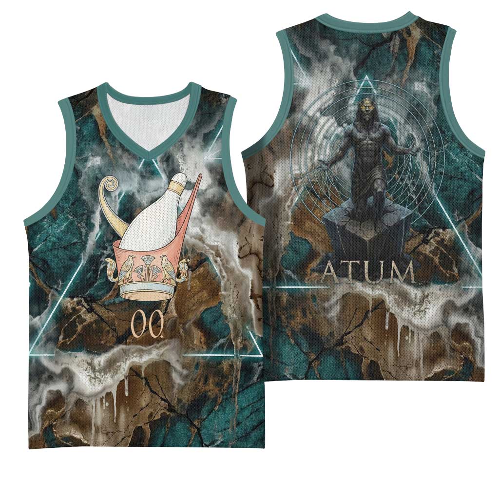 Atum Basketball Jersey Ancient Egyptian Teal Marble Smoke, Solar Barque Crown, Creator Deity Statue - African Pride