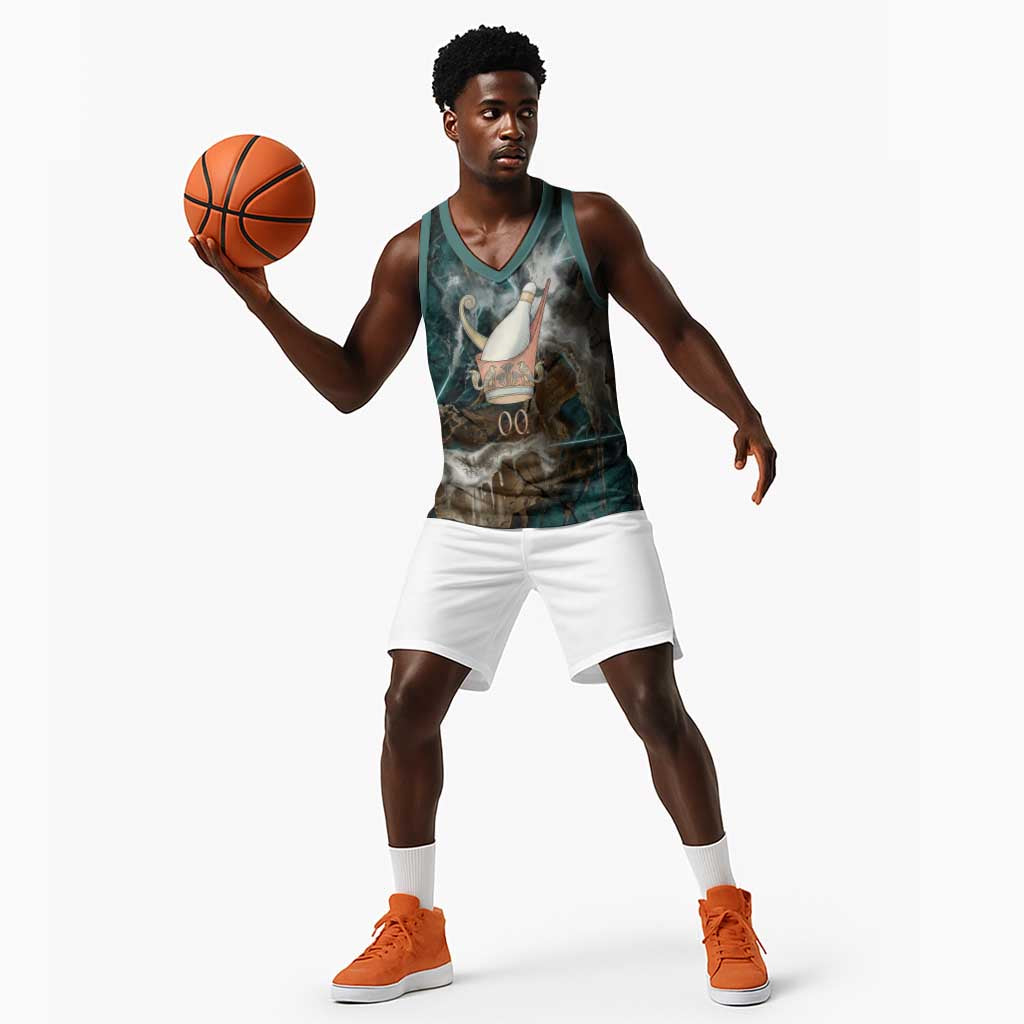 Atum Basketball Jersey Ancient Egyptian Teal Marble Smoke, Solar Barque Crown, Creator Deity Statue - African Pride