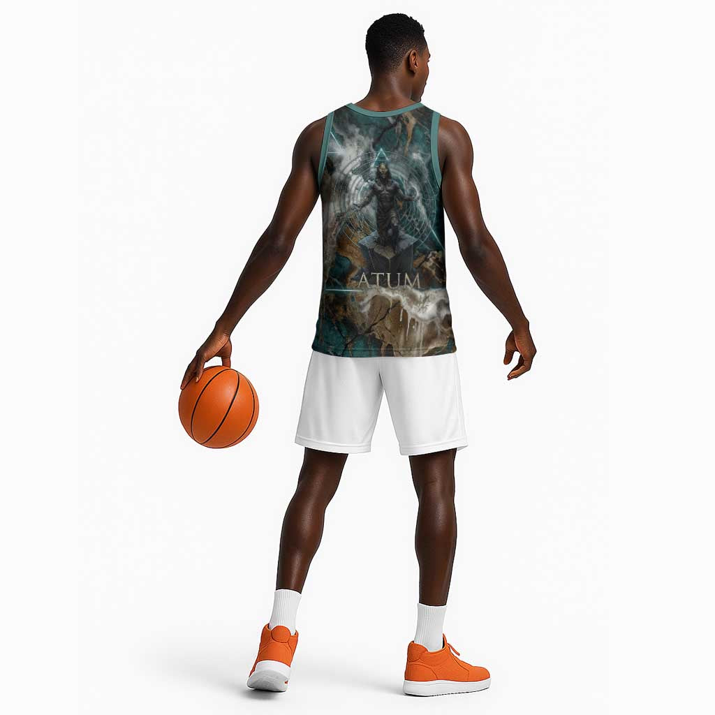 Atum Basketball Jersey Ancient Egyptian Teal Marble Smoke, Solar Barque Crown, Creator Deity Statue - African Pride