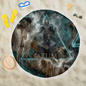 Atum Beach Blanket Ancient Egyptian Teal Marble Smoke, Solar Barque Crown, Creator Deity Statue - African Pride