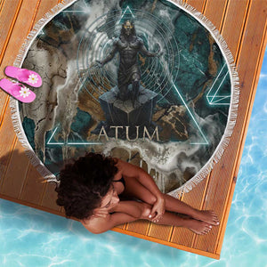 Atum Beach Blanket Ancient Egyptian Teal Marble Smoke, Solar Barque Crown, Creator Deity Statue - African Pride