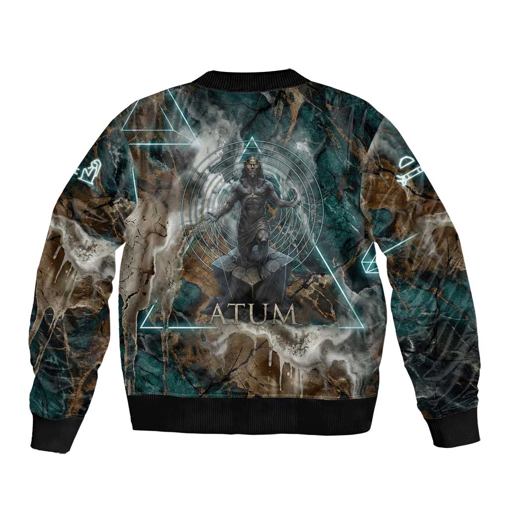 Atum Bomber Jacket Ancient Egyptian Teal Marble Smoke, Solar Barque Crown, Creator Deity Statue - African Pride