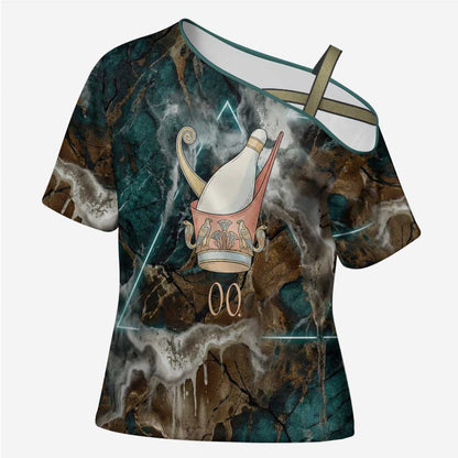 Atum Cross Shoulder Shirt Ancient Egyptian Teal Marble Smoke, Solar Barque Crown, Creator Deity Statue - African Pride
