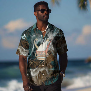 Atum Hawaiian Shirt Ancient Egyptian Teal Marble Smoke, Solar Barque Crown, Creator Deity Statue - African Pride