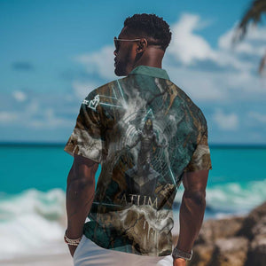 Atum Hawaiian Shirt Ancient Egyptian Teal Marble Smoke, Solar Barque Crown, Creator Deity Statue - African Pride