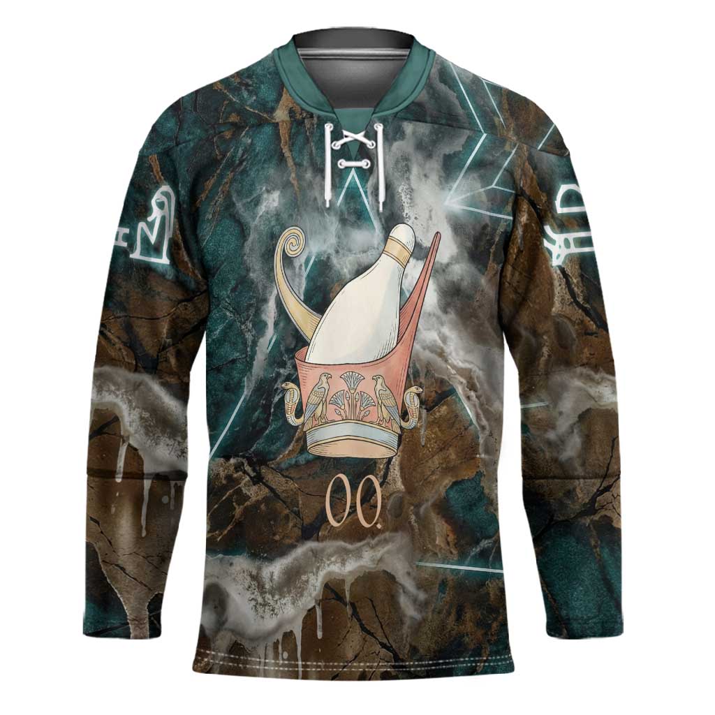 Atum Hockey Jersey Ancient Egyptian Teal Marble Smoke, Solar Barque Crown, Creator Deity Statue - African Pride