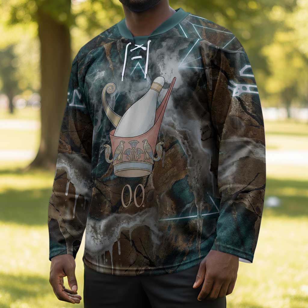 Atum Hockey Jersey Ancient Egyptian Teal Marble Smoke, Solar Barque Crown, Creator Deity Statue - African Pride