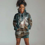 Atum Hoodie Dress Ancient Egyptian Teal Marble Smoke, Solar Barque Crown, Creator Deity Statue - African Pride