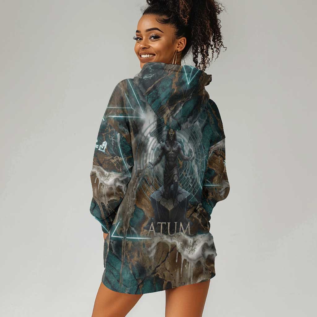 Atum Hoodie Dress Ancient Egyptian Teal Marble Smoke, Solar Barque Crown, Creator Deity Statue - African Pride