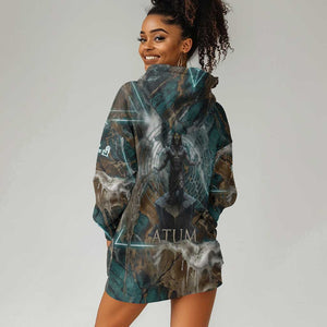 Atum Hoodie Dress Ancient Egyptian Teal Marble Smoke, Solar Barque Crown, Creator Deity Statue - African Pride