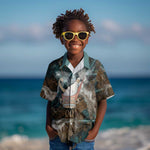 Atum Kid Hawaiian Shirt Ancient Egyptian Teal Marble Smoke, Solar Barque Crown, Creator Deity Statue - African Pride
