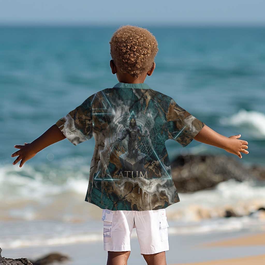 Atum Kid Hawaiian Shirt Ancient Egyptian Teal Marble Smoke, Solar Barque Crown, Creator Deity Statue - African Pride