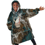 Atum Kid Wearable Blanket Hoodie Ancient Egyptian Teal Marble Smoke, Solar Barque Crown, Creator Deity Statue - African Pride