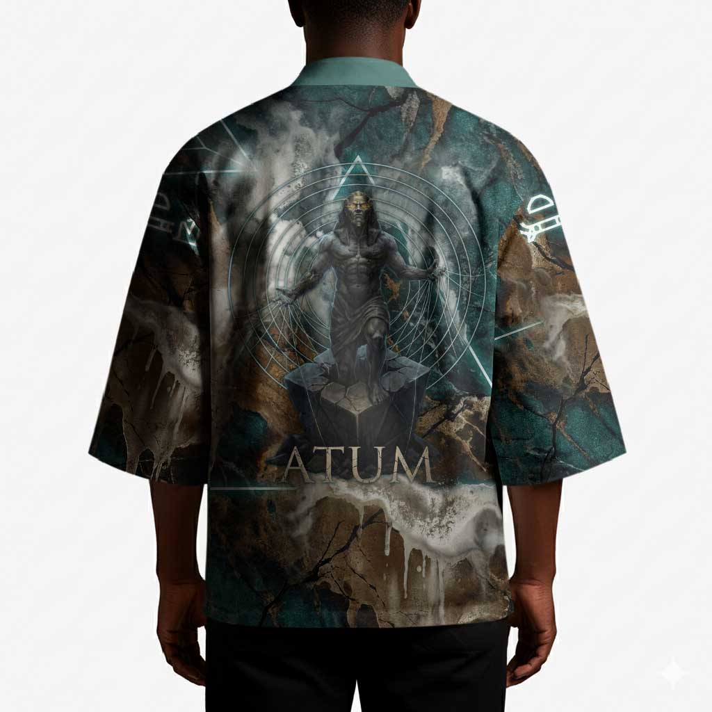 Atum Kimono Ancient Egyptian Teal Marble Smoke, Solar Barque Crown, Creator Deity Statue - African Pride