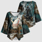 Atum Kimono Sleeve Blouse Ancient Egyptian Teal Marble Smoke, Solar Barque Crown, Creator Deity Statue - African Pride