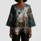Atum Kimono Sleeve Blouse Ancient Egyptian Teal Marble Smoke, Solar Barque Crown, Creator Deity Statue - African Pride
