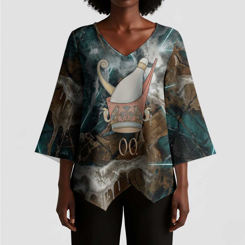 Atum Kimono Sleeve Blouse Ancient Egyptian Teal Marble Smoke, Solar Barque Crown, Creator Deity Statue - African Pride