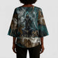 Atum Kimono Sleeve Blouse Ancient Egyptian Teal Marble Smoke, Solar Barque Crown, Creator Deity Statue - African Pride