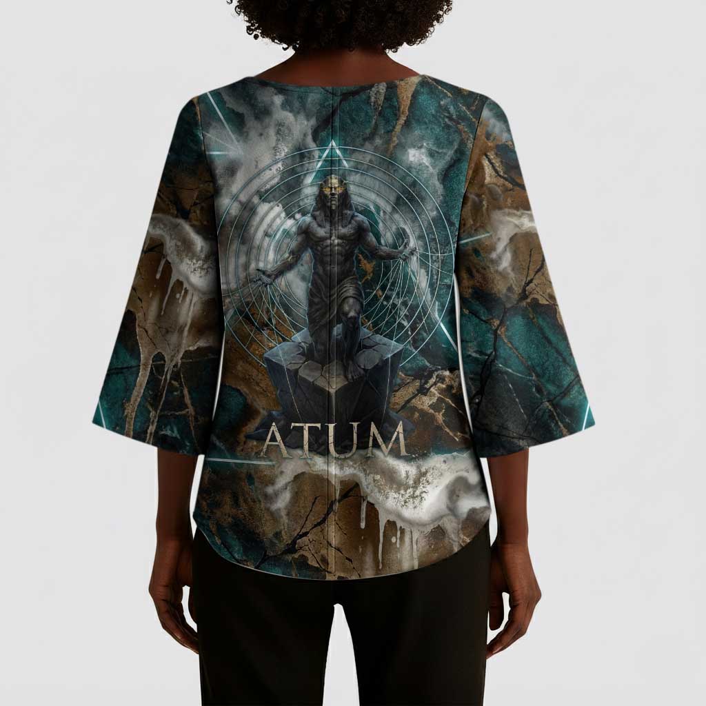 Atum Kimono Sleeve Blouse Ancient Egyptian Teal Marble Smoke, Solar Barque Crown, Creator Deity Statue - African Pride